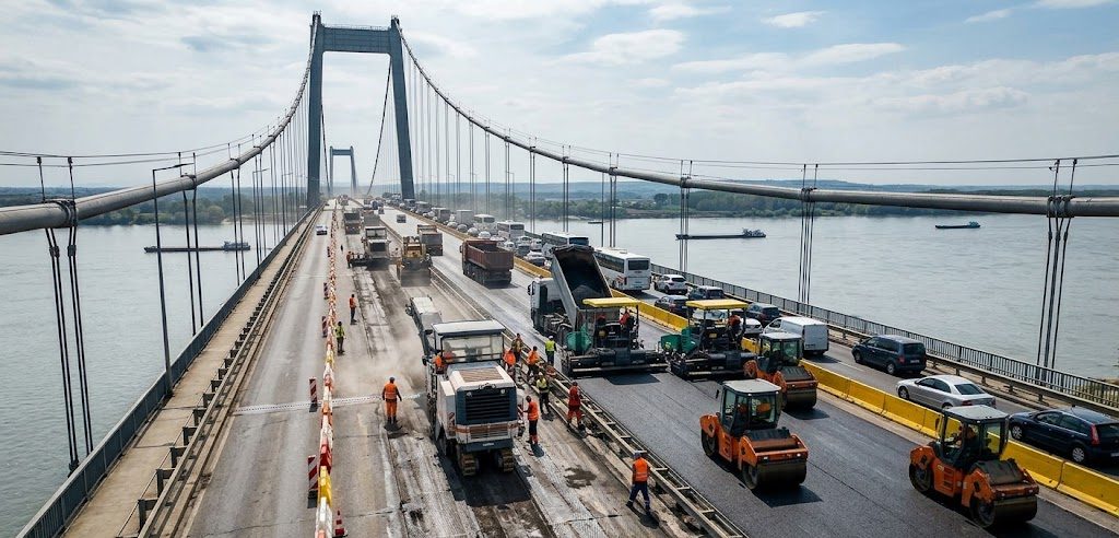 Podul suspendat peste Dunăre are din nou probleme: se testează o noua rețetă de mixtură asfaltică Podul suspendat peste Dunăre are din nou probleme: se testează o noua rețetă de mixtură asfaltică